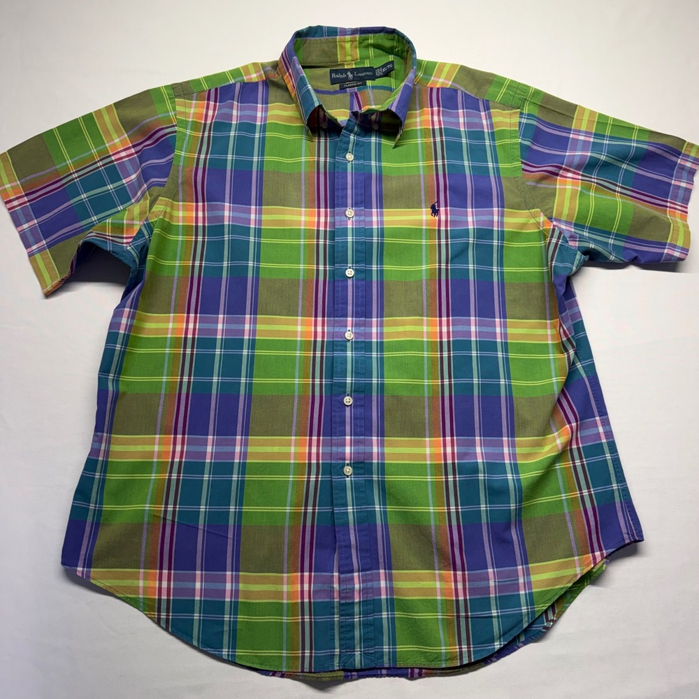 Ralph Lauren Classic Fit XL Madras Plaid Shirt Green Blue Short Sleeve Cotton